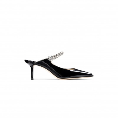 JIMMY CHOO BING 65 BLACK PATENT LEATHER MULES WITH CRYSTAL STRAP BING65PAT